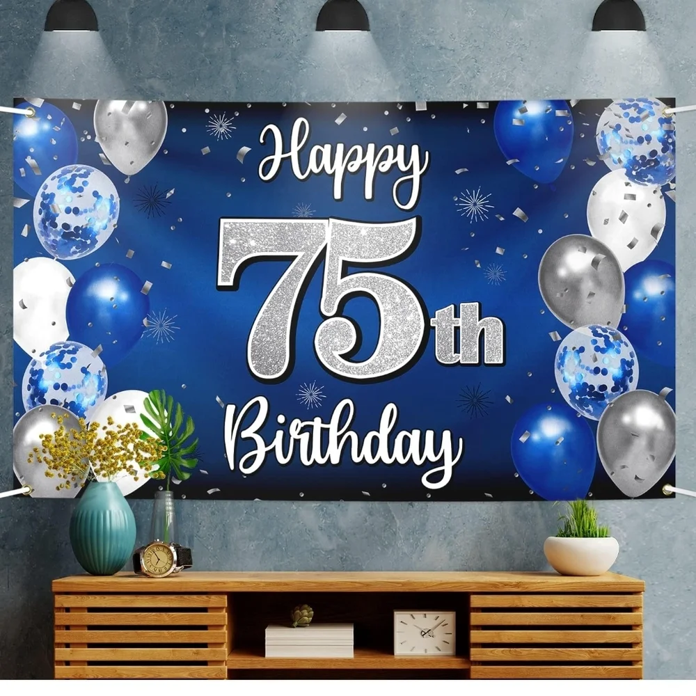 Happy 75th Birthday Backdrop Banner Blue Silver Photo Booth Decoration
